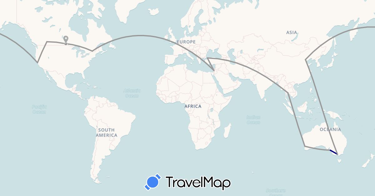 TravelMap itinerary: driving, plane in Australia, Canada, Switzerland, China, Israel, Thailand, Turkey, United States (Asia, Europe, North America, Oceania)